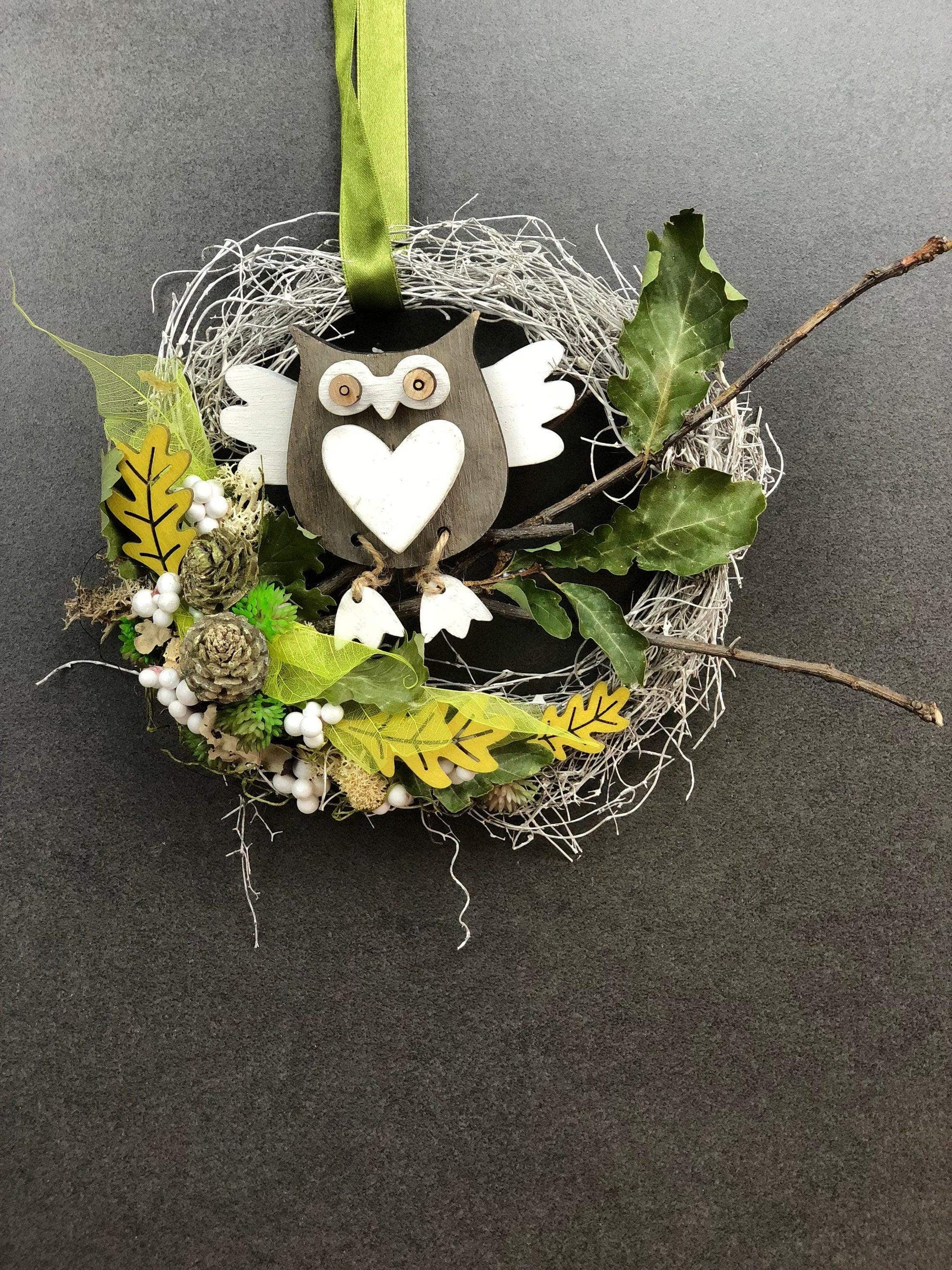 Türkranz 22cm Türdeko Türschmuck Eule Modern Tür Schmuck Herbst herbstlich ganzjährig Herbst – handgemacht aus Seiden- und Kunstblumen, langlebig & pflegeleicht von SarahsFlowerStudio