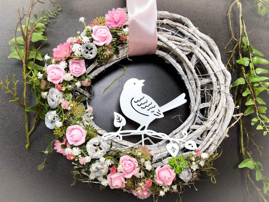 Türkranz Türdeko Türschmuck Modern Ganzjährig Vögel Vogel Rose Schleierkraut Band Tür Schmuck Herbst – handgemacht aus Seiden- und Kunstblumen, langlebig & pflegeleicht von SarahsFlowerStudio