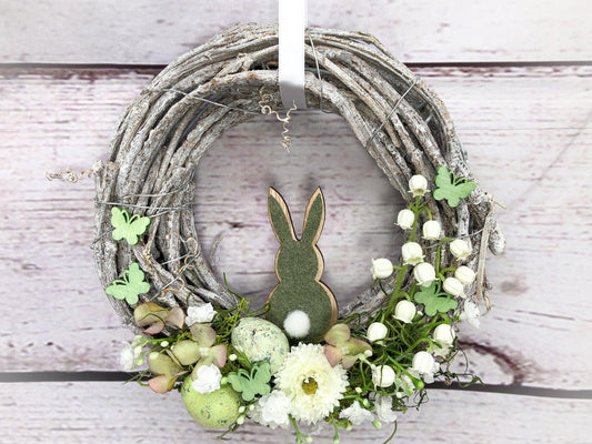 Frühlingskranz Türdeko mit Hasen, Eiern & Schleierkraut – Osterkranz Seidenblumen – Türkranz – SarahsFlowerStudio