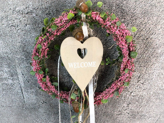 Türkranz Heide Erika Herz Welcome Herbst Herbstlich Türschmuck Modern Wunschfarbe Wunschgröße Tür Schmuck ganzjährig – handgemacht aus Seiden- und Kunstblumen, langlebig & pflegeleicht von SarahsFlowerStudio