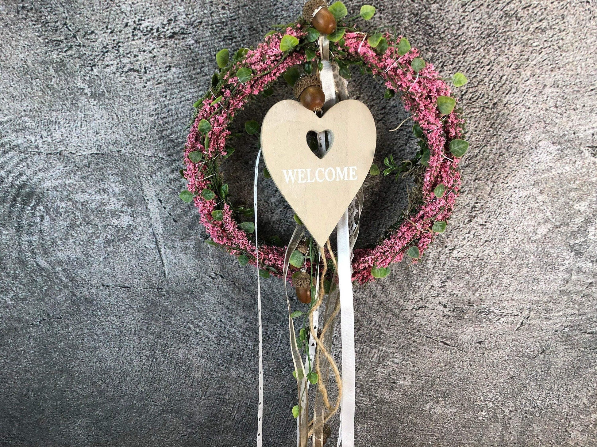 Türkranz Heide Erika Herz Welcome Herbst Herbstlich Türschmuck Modern Wunschfarbe Wunschgröße Tür Schmuck ganzjährig – handgemacht aus Seiden- und Kunstblumen, langlebig & pflegeleicht von SarahsFlowerStudio