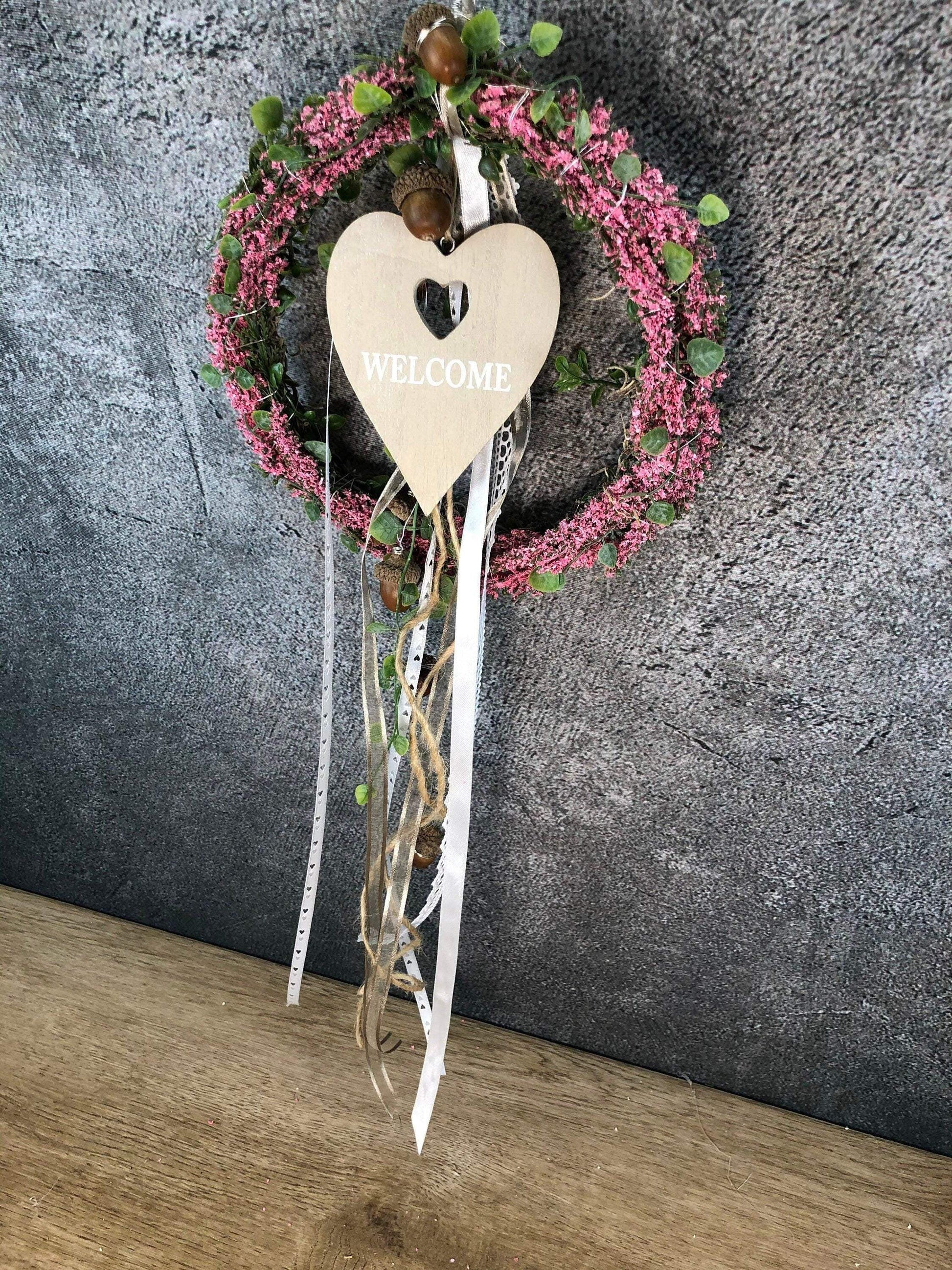 Türkranz Heide Erika Herz Welcome Herbst Herbstlich Türschmuck Modern Wunschfarbe Wunschgröße Tür Schmuck ganzjährig – handgemacht aus Seiden- und Kunstblumen, langlebig & pflegeleicht von SarahsFlowerStudio