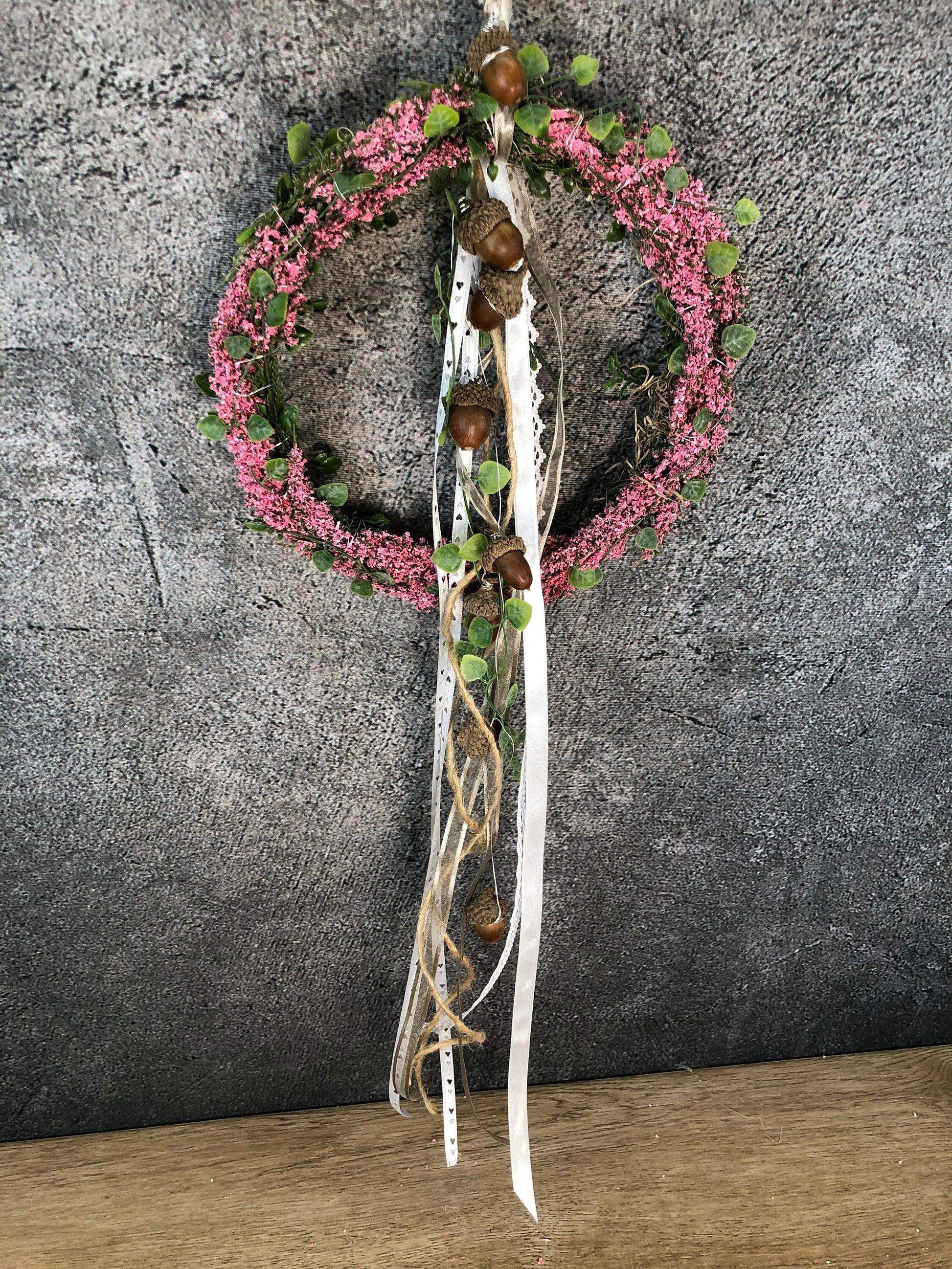 Türkranz Heide Erika Herz Eicheln Eichel Herbst Herbstlich Türschmuck Modern Wunschfarbe Wunschgröße Tür Schmuck ganzjährig – handgemacht aus Seiden- und Kunstblumen, langlebig & pflegeleicht von SarahsFlowerStudio