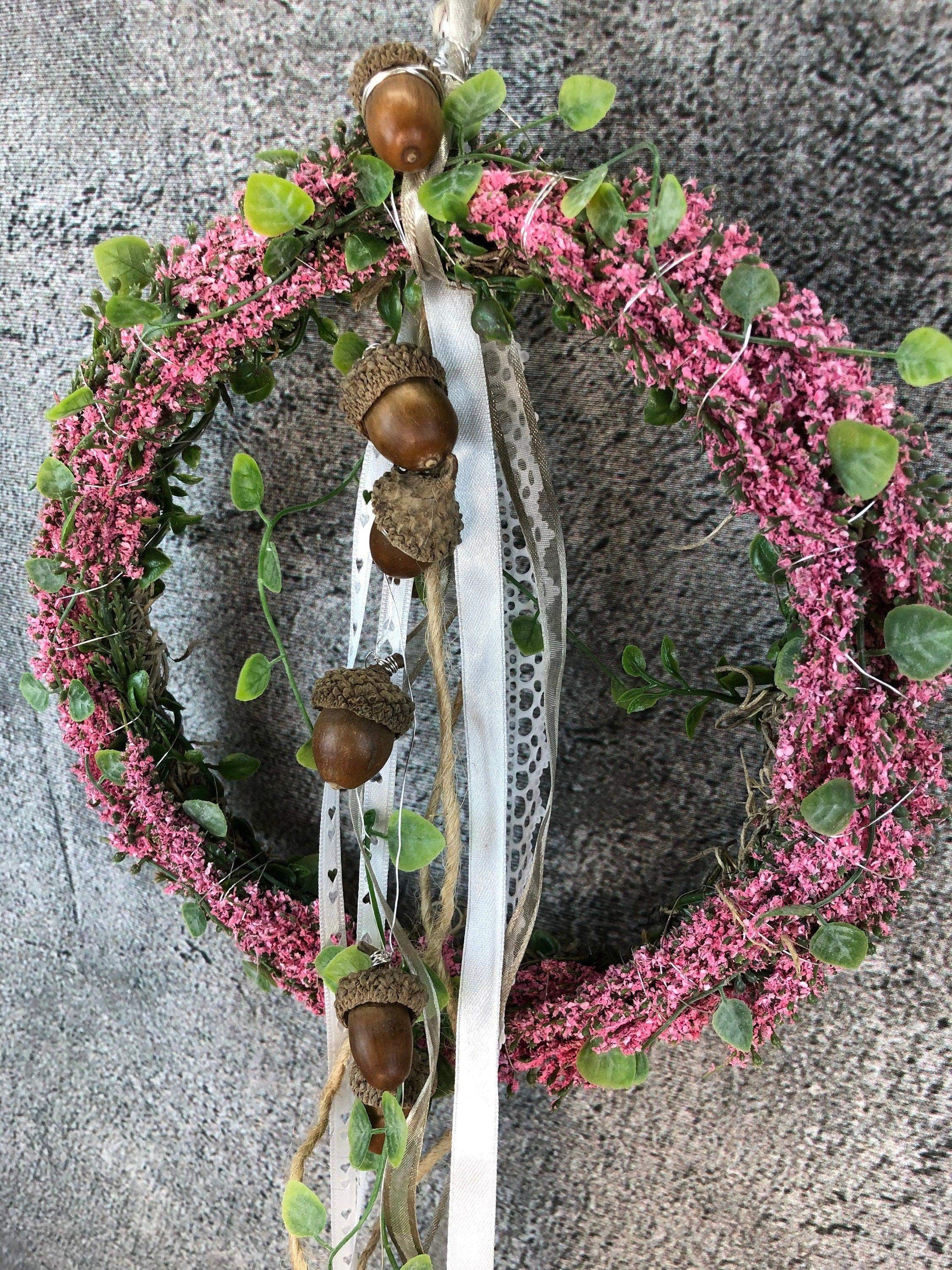 Türkranz Heide Erika Herz Eicheln Eichel Herbst Herbstlich Türschmuck Modern Wunschfarbe Wunschgröße Tür Schmuck ganzjährig – handgemacht aus Seiden- und Kunstblumen, langlebig & pflegeleicht von SarahsFlowerStudio