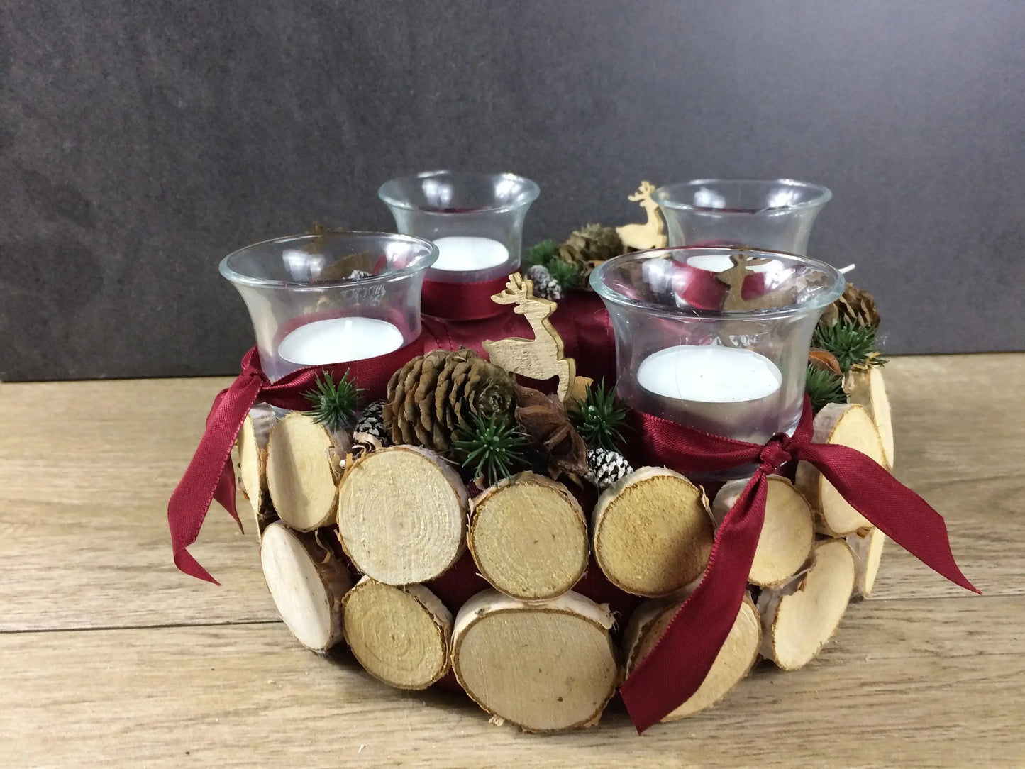 Adventskranz Wunschfarbe Hirsch Zapfen Birke Wunschfarbe Teelicht Anis Zimt – handgemacht aus Seiden- und Kunstblumen, langlebig & pflegeleicht von SarahsFlowerStudio