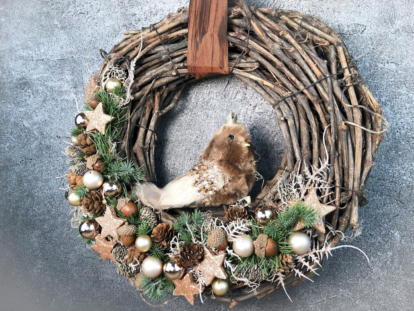 Advent Türkranz Türdeko Türschmuck Weihnachten Vogel Eule Kautz Moos Weide Zapfen mit LED – handgemacht aus Seiden- und Kunstblumen, langlebig & pflegeleicht von SarahsFlowerStudio