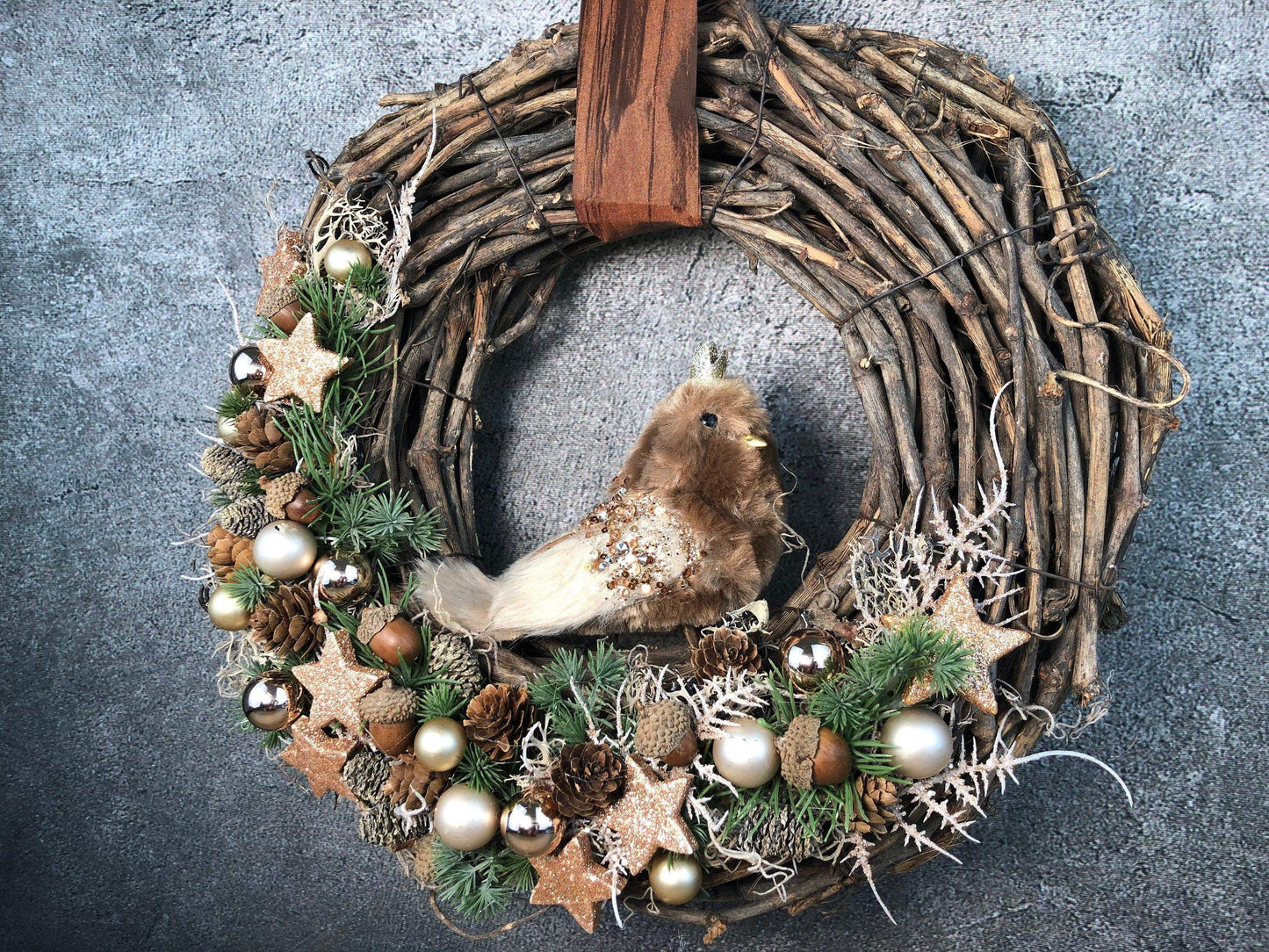 Advent Türkranz Türdeko Türschmuck Weihnachten Vogel Eule Kautz Moos Weide Zapfen mit LED – handgemacht aus Seiden- und Kunstblumen, langlebig & pflegeleicht von SarahsFlowerStudio