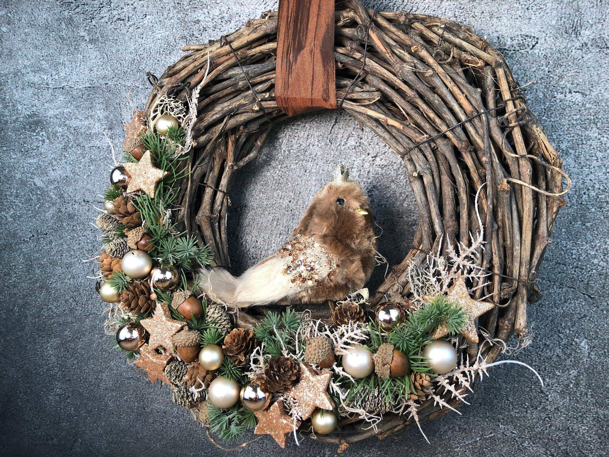 Advent Türkranz Türdeko Türschmuck Weihnachten Vogel Eule Kautz Moos Weide Zapfen mit LED – handgemacht aus Seiden- und Kunstblumen, langlebig & pflegeleicht von SarahsFlowerStudio