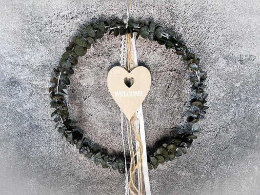 Türkranz Herz Welcome Herbst Kranz Ring Eukalyptus Wandkranz Trockenblumen Natur natürlich Hoop Herbst Herbstlich – handgemacht aus Seiden- und Kunstblumen, langlebig & pflegeleicht von SarahsFlowerStudio