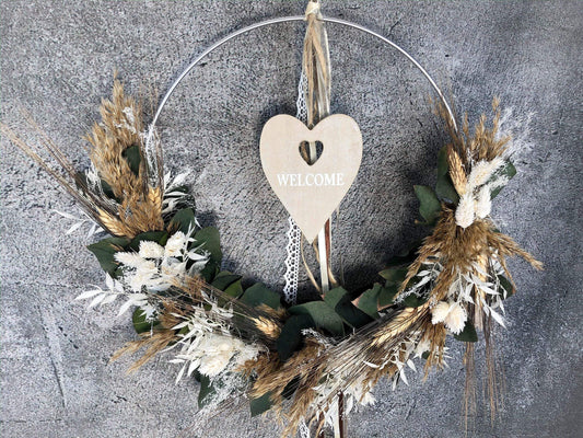 Türkranz Welcome Herz Kranz Ring Eukalyptus Gräser Wandkranz Trockenblumen Natur natürlich Hoop Herbst Herbstlich – handgemacht aus Seiden- und Kunstblumen, langlebig & pflegeleicht von SarahsFlowerStudio