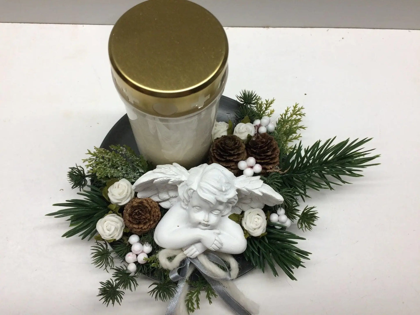 Grabgesteck Grabschmuck Allerheiligen mit Kerze 22cm Grabdekoration Grabschmuck Allerheiligen – handgemacht aus Seiden- und Kunstblumen, langlebig & pflegeleicht von SarahsFlowerStudio