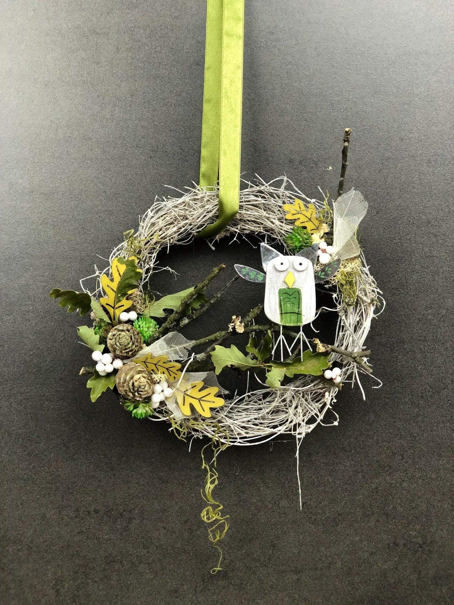 Türkranz 22cm Türdeko Türschmuck Eule Modern Tür Schmuck Herbst herbstlich ganzjährig Herbst – handgemacht aus Seiden- und Kunstblumen, langlebig & pflegeleicht von SarahsFlowerStudio