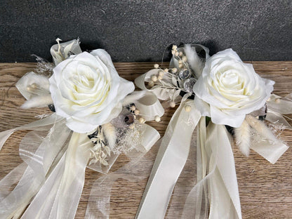 2 Autoschleifen für Seitenspiegel Trockenblumen Seidenblumen Kirchenbank in Wunschfarbe große Schleife Dekoration Rose – handgemacht aus Seiden- und Kunstblumen, langlebig & pflegeleicht von SarahsFlowerStudio