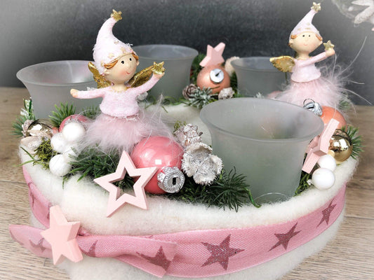 Adventskranz Adventskalender Engel Stern Rosa Zapfen Glitzer Frost mehrjährig rund – handgemacht aus Seiden- und Kunstblumen, langlebig & pflegeleicht von SarahsFlowerStudio
