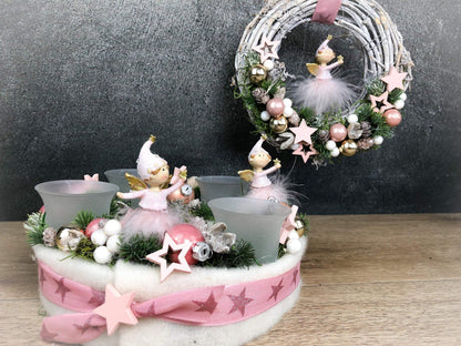 Adventskranz Adventskalender Engel Stern Rosa Zapfen Glitzer Frost mehrjährig rund – handgemacht aus Seiden- und Kunstblumen, langlebig & pflegeleicht von SarahsFlowerStudio