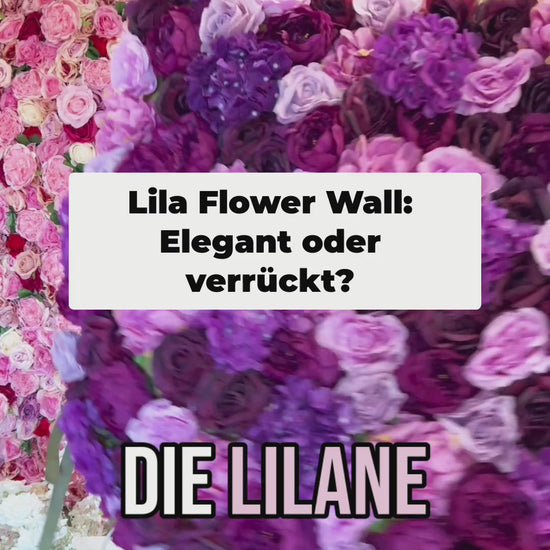 Lila Seidenblumen-Wand Gesamtansicht – premium Flower Wall als Hintergrund für Hochzeitsfotos und Content Creator
