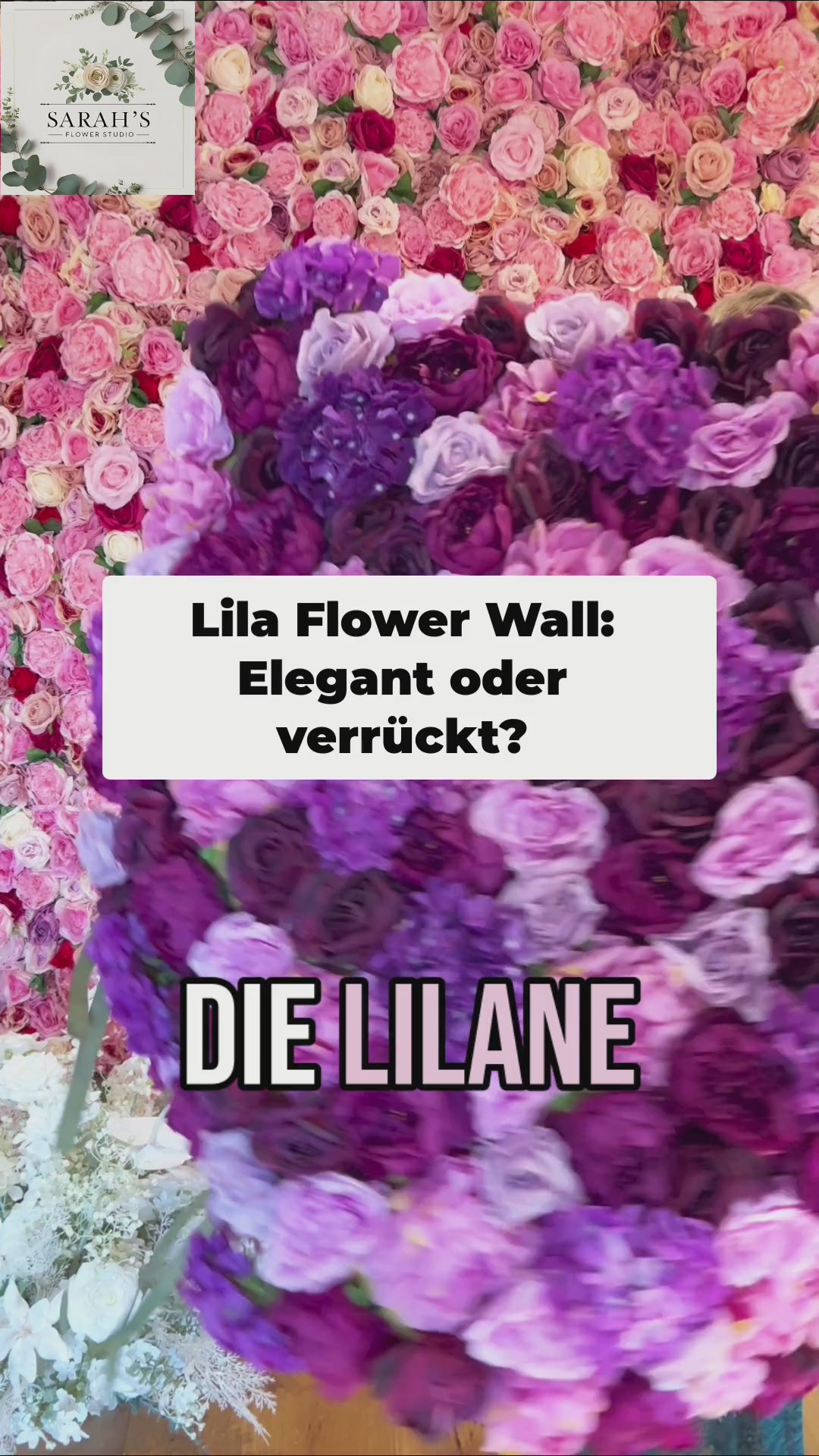 Lila Seidenblumen-Wand Gesamtansicht – premium Flower Wall als Hintergrund für Hochzeitsfotos und Content Creator
